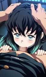 age_difference ai_generated blowjob blue_eyes blush deepthroat demon_slayer drooling fellatio femboy feminine_male grabbing_head kimetsu_no_yaiba muichiro_tokitou submissive_male sucking_penis teenager tongue two_tone_hair young