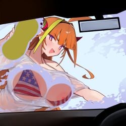 1girls ahoge american_flag_bikini bikini car_wash dismassd dragon dragon_girl holoforce hololive hololive_japan horns kiryu_coco multicolored_hair nipple_slip nipples orange_hair tagme thick virtual_youtuber vtuber washing_car yellow_hair