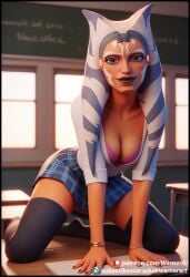 2d ahsoka_tano ai_generated alternate_costume background blue_clothing blue_eyes bra bracelet classroom clone_wars color eyelashes eyes footwear front_view full_body happy headband headgear horn lips looking_at_viewer miniskirt modern_au modern_setting nail_polish on_table open_eyes pink_bra pink_underwear plaid plaid_skirt school school_uniform schoolgirl shirt skirt smile socks star_wars starwars stockings student sunlight table tentacle_hair the_clone_wars:_season_seven thighhighs underwear warnerai white_clothing window