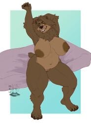 anthro bear bed belly big_breasts breasts brown_body brown_fur female fur furniture genitals hair hi_res huge_breasts hyucaze mammal neck_tuft one_eye_closed pussy simple_background sitting skulna_(bionet) slightly_chubby slightly_chubby_anthro slightly_chubby_female smile snout solo stretching tail thick_thighs tuft yellow_eyes