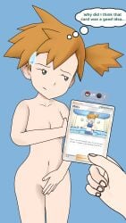 1girls card covering_breasts covering_crotch female green_eyes kasumi_(pokemon) naked naked_female nude nude_female offscreen_male orange_hair pokemon pokemon_card pokemon_frlg pokemon_rgby pokemon_tcg_pocket pov regret saucemon7 self_upload text thought_bubble