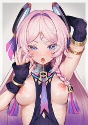 aether_(genshin_impact) aether_pov_(genshin_impact) artist_name artist_request blue_eyes blush breasts citlali_(genshin_impact) genshin_impact pink_purple_hair shaman tagme tits tongue tongue_out