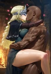 1boy 1girls ai_generated carrying_partner dark-skinned_male dark_souls fire_keeper hugging interracial kissing sex