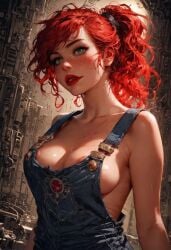 ai_generated areolae areolae_peeking bare_shoulders cleavage denim denim_overalls exuberantconsent freckles ginger naked_overalls overalls ponytail red_hair