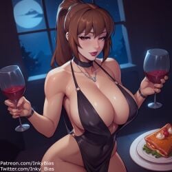 ai_generated asian asian_female dead_or_alive inky_bias kasumi_(doa) night pov pov_eye_contact seductive seductive_eyes seductive_look seductive_pose seductive_smile sexy_clothing wine wine_glass