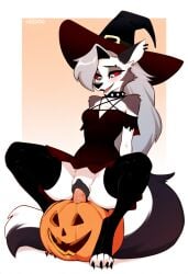 ai_generated anthro anthro_only canine_pussy claws cookie-girl digitigrade ear_piercing grey_fur loona_(helluva_boss) masturbating masturbation open_mouth paws pumpkin pumpkin_masturbation red_dress red_eyes small_breasts thigh_highs upskirt white_fur white_hair witch_costume witch_hat wolf_ears wolf_girl wolf_humanoid wolf_tail