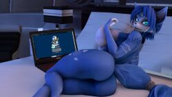 absurd_res anthro ass bed big_breasts big_butt blue_eyes breasts canid canine computer e621 electronics female fox furniture furry_ghosty hi_res krystal krystal_(star_fox) looking_back mammal nintendo solo star_fox tail