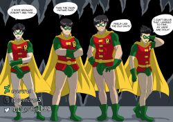 4boys abs balls bulge bulge_through_clothing damian_wayne dc dc_comics dick_grayson evercras human human_focus jason_todd male male_focus male_only muscular muscular_male penis quartet quartet_focus robin_(damian_wayne) robin_(dc) robin_(dick_grayson) robin_(jason_todd) robin_(tim_drake) robin_suit speedo tim_drake