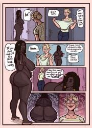 2girls comic_page comic_panel dark-skinned_female dark_skin digital_drawing digital_media dreads light-skinned_female looking_at_partner shower speech_bubble speech_bubbles text text_bubble thick thick_legs thick_thighs thighs top_heavy towel upper_body voluptuous voluptuous_female