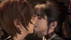 2girls android asian asian_female black_hair brown_hair closed_eyes eve_(stellar_blade) kissing kissing lily_artemis_ii long_hair multiple_girls outdoors photo_manipulation ponytail pose screen_capture screencap screenshot short_hair standing stellar_blade tongue tongue_kiss tongue_out video_game video_game_character video_games yuri