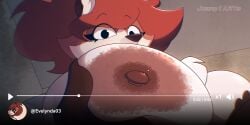 absurd_res anthro areola big_breasts breast_play breast_squish breasts canid canine canis clothing evelyn_(edy) female fox fur hair hi_res huge_breasts juanp1arts looking_at_viewer mammal red_hair solo squish text