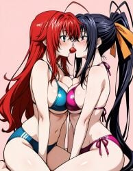 2girls ahoge ai_generated akeno_himejima antenna_hair big_ass bikini black_hair blue_green_eyes blush breasts_pressed_together breasts_to_breasts couple crimson_hair curvy female_only hair_ribbon high_school_dxd large_breasts lesbian light_skin looking_at_each_other orange_ribbon ponytail rias_gremory strawberry thick_thighs very_long_hair violet_eyes voluptuous yuri