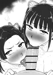 2girls 2girls1boy :>= black_and_white blush blush demon_slayer faceless_male fellatio hair_ornament kaiman_garupan kanzaki_aoi_(kimetsu_no_yaiba) kimetsu_no_yaiba licking licking_penis looking_at_viewer naked naked_female naked_male oral oral_sex sucking sucking_penis sweat sweating tears threesome tongue tongue_out tsuyuri_kanao