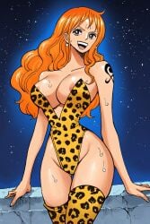 ai_generated dreamoff female female_only large_breasts leopard leopard_print long_hair nami nami_(one_piece) night one_piece orange_hair