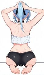 1boy adjusting_hair ai_generated alaky ass ass_focus barefoot bulge croptop femboy hair_ribbon light_blue_hair otoko_no_ko ponytail rimuru_tempest shoulder_blades soles tensei_shitara_slime_datta_ken tying_hair yellow_eyes