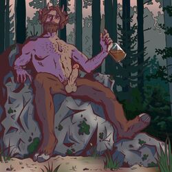 1boy abs alcohol animal_ears balls ballsack bara beard body_fur body_hair boner brown_fur erection facial_hair faun forest george_(character) hairy_male half-human hooves horns humanoid humanoid_penis hunk inviting male male_nipples male_only male_pubic_hair masculine mature_male muscles muscular_male mustache nude_male pecs penis satyr scrotum solo testicles veiny_penis wwigh_(artist)