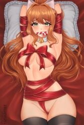 1girls 2024 arms_up artist_name bed bedroom bell blush bondage breasts brown_hair candy_cane candy_cane_in_mouth christmas cleavage crotch_ribbon crotch_rope doki_doki_literature_club female female_only green_eyes hair_ornament hair_ribbon highres large_breasts light-skinned_female light_skin looking_at_viewer monika_(doki_doki_literature_club) pillow pussy ribbon ribbon_bondage ribbons solo solo_female stockings tatiartist thighhighs watermark