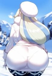 ai_generated big_breasts blue_eyes breasts curvy dark-skinned_male dark_skin earrings fellatio_gesture green_hair huge_breasts juuicyai large_breasts long_hair massive_breasts melony_(pokemon) multicolored_hair narrow_waist pokemon thick_thighs wide_hips