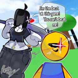 1boy 1girls 2d 2d_(artwork) 2d_artwork artist_name big_ass big_breasts black_hair clothed combat_warriors female giant_sword hogakku_ noob_(roblox) roblox roblox_avatar roblox_game robloxian speech_bubble tagme text tummy white_body