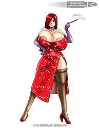 areola attlantic blue_eyes breasts busty cigarette_holder cleavage disney female female_only gigantic_breasts hair_over_one_eye human jessica_rabbit nipples sequin_dress smoking solo stockings thighhighs voluptuous who_framed_roger_rabbit