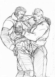 2boys artist_request balls balls_peek bara black_and_white blank_background clothed_sex cum cum_shot cumshot dicks_touching facial_hair frottage gay hand_on_breast human king_of_fighters male male_focus male_only maxima_(kof) monochrome multiple_boys muscle muscular muscular_male open_shirt partially_clothed penis seth_(kof) simple_background sketch snk source_request tagme testicle testicle_peek testicles white_background yaoi