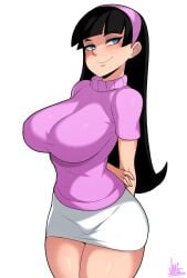 1girl 1girls 2021 2021s arched_back arms_behind_back artist_name artist_signature asian asian_female big_breasts black_hair blue_eyes breasts clothed clothing commentary female female_focus female_only fully_clothed hair hairband headband highres huge_breasts human human_female jmg large_breasts long_hair looking_at_viewer looking_to_the_side nickelodeon pink_clothing pink_hairband pink_shirt pink_sweater signature simple_background skirt smile smiling smiling_at_viewer solo solo_female solo_focus source_larger sweater the_fairly_oddparents thick_thighs thighs trixie_tang turtleneck white_background white_skirt wide_hips