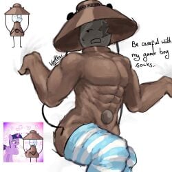 1boy airy_(hfjone) belly_button dark-skinned_male dark_skin friendship_is_magic hfj_one hfjone lamp lantern male male_only meme meme_in_the_background meme_reference missing_eye muscular muscular_male my_little_pony no_nipples object_shows partially_clothed reupload shrugging socks talking_to_viewer text thighhighs twilight_sparkle_(mlp) valkov_(artist)