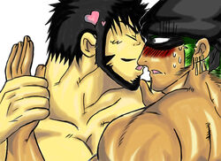 dracule_mihawk gay human imminent_kiss male male_only multiple_males one_piece otuotu023 roronoa_zoro straight_hair white_background yaoi