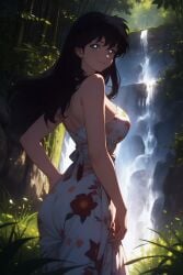 1girls ai_generated black_hair brown_eyes curvy curvy_figure detailed_background dress female female_only forest inuyasha kagome_higurashi long_hair looking_back nature outdoors self_upload solo stable_diffusion waterfall white_dress