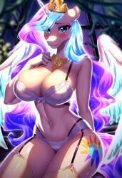 ai_generated alicorn animal_ears animal_nose anthro anthro_only blue_eyes bra cleavage cutie_mark equine extra_long_hair female female_focus female_only furry_focus furry_only glowing_hair large_breasts lingerie looking_at_viewer majorfluffy multi_color_hair multicolor_hair my_little_pony my_little_pony novelai princess_celestia princess_celestia_(mlp) smile solo_focus stockings white_body wings