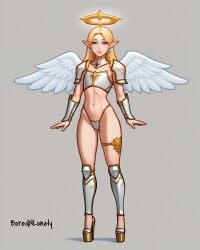 1girls ai_generated angel angel_wings blonde_hair blue_eyes borednlonely cute cute_face divine fair-skinned_female flat_chest flat_chested high_heels skimpy_armor skinny_girl slim thin_female