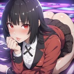 1girls ai_generated all_fours ass big_ass big_breasts blonde_hair breasts fringe_hair jabami_yumeko kakegurui red_eyes red_jacket school_uniform schoolgirl skirt student sweat thick_ass thick_thighs thighs