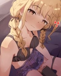 1boy areola_slip black_bra black_panties blonde_hair blue_skirt blush bra bra_pull braid breasts closed_mouth clothes_pull commentary_request female fujita_kotone gakuen_idolmaster guided_crotch_grab guiding_hand heart heart-shaped_pupils highres idolmaster indoors looking_at_viewer no_shirt panties panty_pull plaid_clothes plaid_skirt pleated_skirt seneto sitting skirt small_breasts smile symbol-shaped_pupils twin_braids underwear yellow_eyes