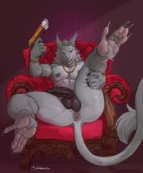 5_fingers absurd_res anthro anus balls black_balls black_penis bracelet chair clock doubleamocha fingers foreskin fur furniture genitals gold_(metal) grey_body grey_fur gun hi_res jewelry male male_only muscular necklace on_chair pawpads penis ranged_weapon saggy_balls sergal simple_background sitting sitting_on_chair sole_male solo solo_male spread_legs spreading watch weapon