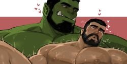 bodily_fluids dopq duo fangs gay green_body green_skin heart_symbol human human_male humanoid humanoid_pointy_ears light-skinned_male light_skin male male/male mammal muscular muscular_humanoid muscular_male not_furry orc orc_male pointy_ears size_difference sweat teeth