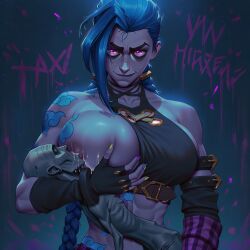 1boy 1girls ai_generated arcane bald blue_hair breast_sucking breastfeeding evil_grin freckles jinx_(arcane) jinx_(league_of_legends) lactation league_of_legends muscles novelai older_male pale_skin pink_eyes raiderofcause riot_games tagme twintails