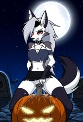 ai_generated anthro anthro_only canine_pussy claws cookie-girl digitigrade ear_piercing grey_fur jack-o'-lantern loona_(helluva_boss) masturbating masturbation open_mouth paws pumpkin pumpkin_masturbation red_dress red_eyes small_breasts thigh_highs upskirt white_fur white_hair witch_costume witch_hat wolf_ears wolf_girl wolf_humanoid wolf_tail