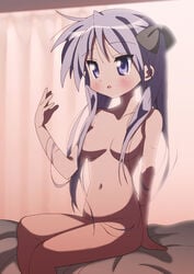 bed blue_eyes breasts censored collarbone convenient_censoring female female_only hair_over_breasts hair_ribbon human kagami_hiiragi long_hair lucky_star navel nude purple_eyes purple_hair ribbon sitting solo thighs tied_hair tsurime twintails yamasaki_wataru