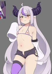 flat_chest hololive hololive_japan holox horns kachobi_(user_atuh5854) la+_darknesss light_skin nipples stockings tagme white_hair yellow_eyes youjo