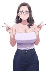 anime_girl anime_style brown_eyes brown_hair cleavage earrings female female_focus female_only fingernails human large_breasts light-skinned_female normal_breasts painted_nails peace_sign safe safe_for_work skirt smile solo_focus tagme tight_clothes