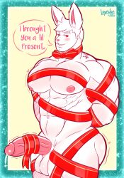 2020 about_to_cum ass balls biceps  boner bottom bunny christmas cum furry horny layndon layndon_(character) muscular muscular_arms naked nude penis ribbon thicc thicc_ass thicc_butt white_fur wrapping