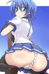 :< ass blue_hair blush eeeeee female fundoshi hair_ornament hairclip hattori_junko ichiban_ushiro_no_daimaou jpeg_artifacts looking_back school_uniform short_hair solo sword thighhighs weapon