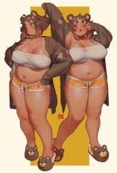 1girls bear_ears bear_girl brown_hair casual casual_clothes cleavage dark-skinned_female full_body huge_breasts kumako_(poch4n) navel original_character poch4n pudgy_belly revealing_clothes see-through see-through_clothing shiny_skin short_shorts slippers strap-on stretching