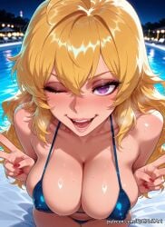 2026 ;d ahoge ai_generated anime bangs bare_shoulders bikini blonde_hair blue_bikini blush breasts cleavage collarbone covered_nipples crossover double_v eye_contact female female_focus female_only flushed hair_between_eyes highres huge_breasts large_breasts lips long_hair looking_at_viewer micro_bikini moaning nail_polish night night_sky nsfw one_eye_closed open_mouth outdoors patreon pool purple_eyes red_nails rognezart rwby shiny shiny_hair shiny_skin sky smile smiling solo sweat sweaty swimsuit teeth v very_long_hair water wet yang_xiao_long