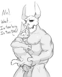 anal anal_sex anthro balls big_penis bodily_fluids demon duo english_text felid gato_matero gato_matero's_fursona genitals hi_res holding_partner horn looking_down male mammal monochrome muscular muscular_male nipples pecs penetration penis size_difference skull_head slim tears text