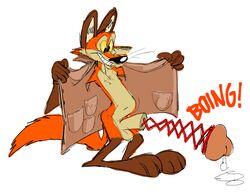 anthro balls bodily_fluids bottomless canid canine clothed clothing cum flashing fox genital_fluids genitals grin hi_res humor male mammal penis senedjem_(artist) smile solo tagme unusual_anatomy unusual_genitalia unusual_penis