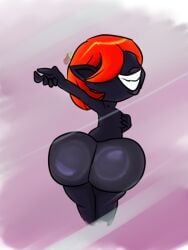 1girl 2019 against_fourth_wall ass ass_press chatalie dark-skinned_female level-5 looking_at_viewer looking_back no_eyes nude orange_hair pointy_ears shortstack smile smile_at_viewer supah64th yo-kai_watch