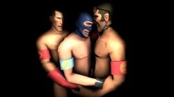 3d balaclava chest_hair collar embrace erection gay glasses_up human_only male/male/male male_only medic_(team_fortress_2) mischievous-mun-dee naked_mask nude older_male penis sfm sniper_(team_fortress_2) source_filmmaker spy_(team_fortress_2) team_fortress_2 threesome