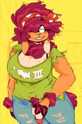 anthro big_breasts bovid breasts caprine cleavage clothed clothing cloven_hooves futa_only futanari genitals gynomorph half-closed_eyes hi_res hooves intersex looking_at_viewer mammal narrowed_eyes one_eye_obstructed penis sheep shirt solo text text_on_clothing text_on_shirt text_on_topwear topwear velvetomo