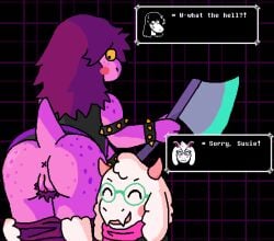 2026 aliasing anthro anus ass assisted_exposure axe biped black_clothing black_topwear black_vest blush blush_stickers boss_monster_(undertale) bottomwear bottomwear_down bovid bracelet butt_focus caprine clitoris closed_eyes clothed clothing darkner deltarune dialogue digital_media_(artwork) duo embarrassed english_text exposed eyebrows eyewear fangs female female_focus fluffy fluffy_ears freckled_butt freckled_face freckled_shoulders freckles fur genitals glasses glistening glistening_butt glistening_genitalia glistening_vulva goat green_eyewear green_glasses hair head_tuft hi_res horn jewelry looking_back male male/female mammal mischievous_smile monster open_mouth open_smile pants pants_down pantsing partially_clothed pink_body pink_horn pixel_vibri prank pubes purple_bottomwear purple_clothing purple_hair purple_pants purple_pubes ralsei rear_view reptile scalie scarf short_tail simple_background smile solo_focus spiked_bracelet spikes standing surprised susie_(deltarune) tail teeth text text_box topwear tuft undertale_(series) vest vulva white_body white_fur wide_eyed x_anus yellow_sclera
